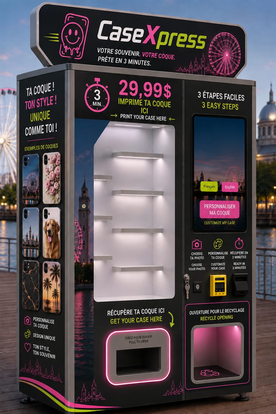 Borne CaseXpress avec écran de personnalisation, tarif 29,99$ et étapes d'utilisation